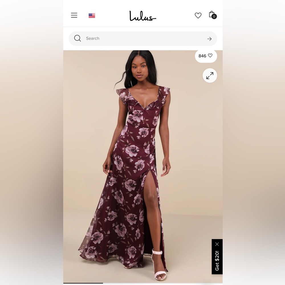 Lulus Sweetest Entrance Plum Purple Floral Ruffled Tie-Back Maxi Dres XS